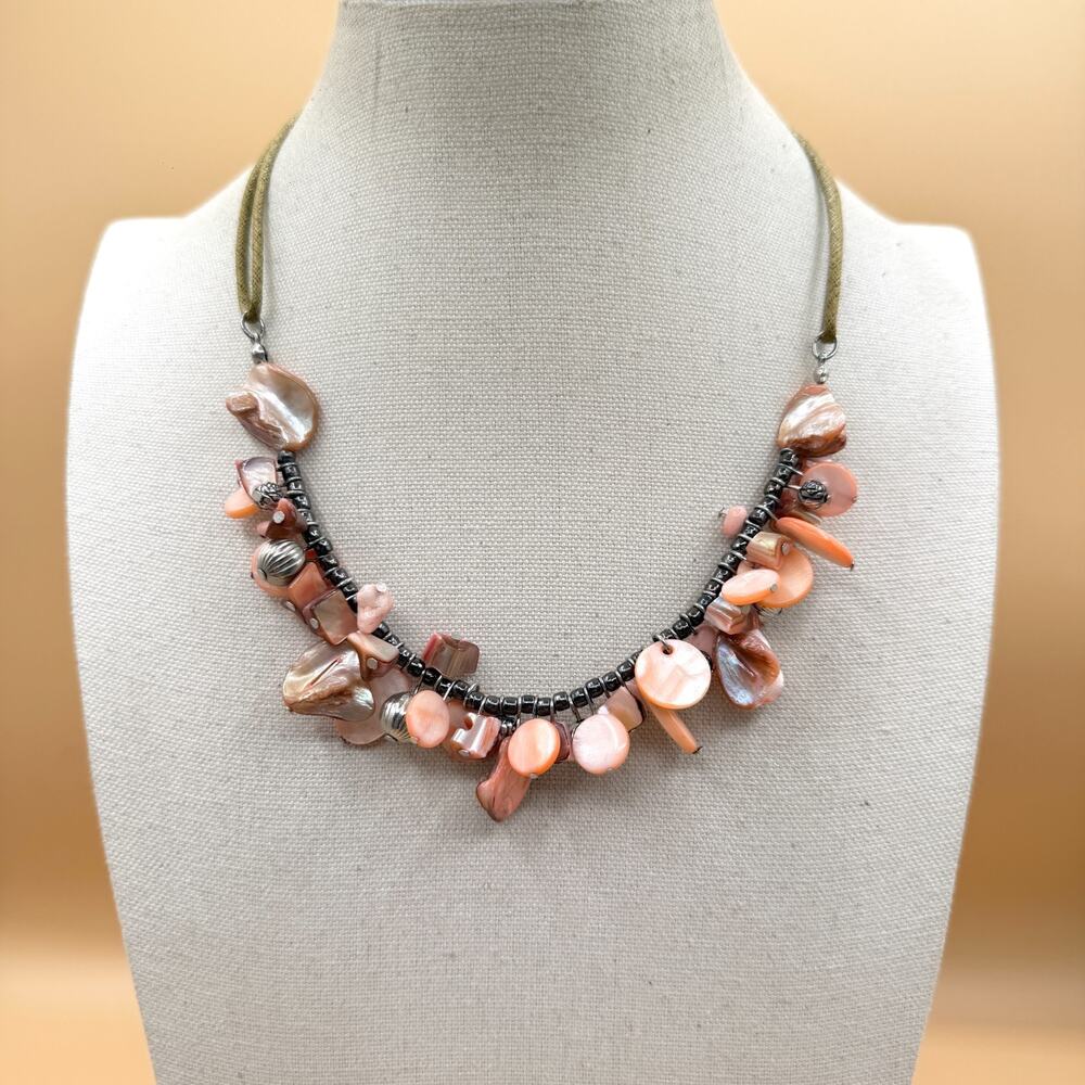 Pink Shell Cluster Necklace Silver Tone Boho Statement Cottagecore Beach Gift